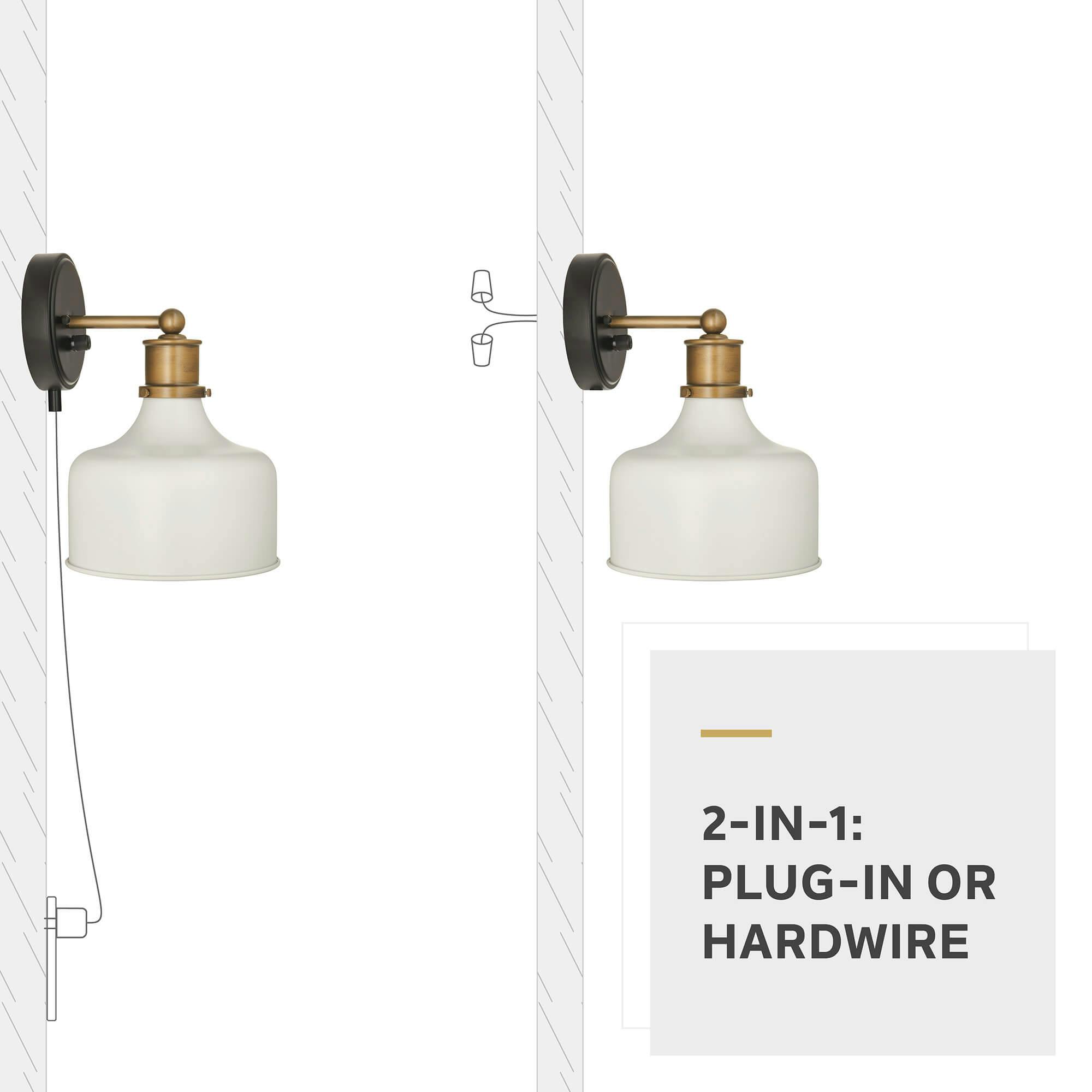 Installation options for the Ernest 11 Inch 1 Light Plug-In Wall Sconce in Natural Brass and Matte Black