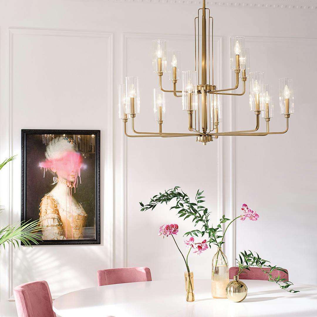 Day time Dining Room with Kimrose™ 12 Light Chandelier with Clear Fluted Glass Brushed Natural Brass