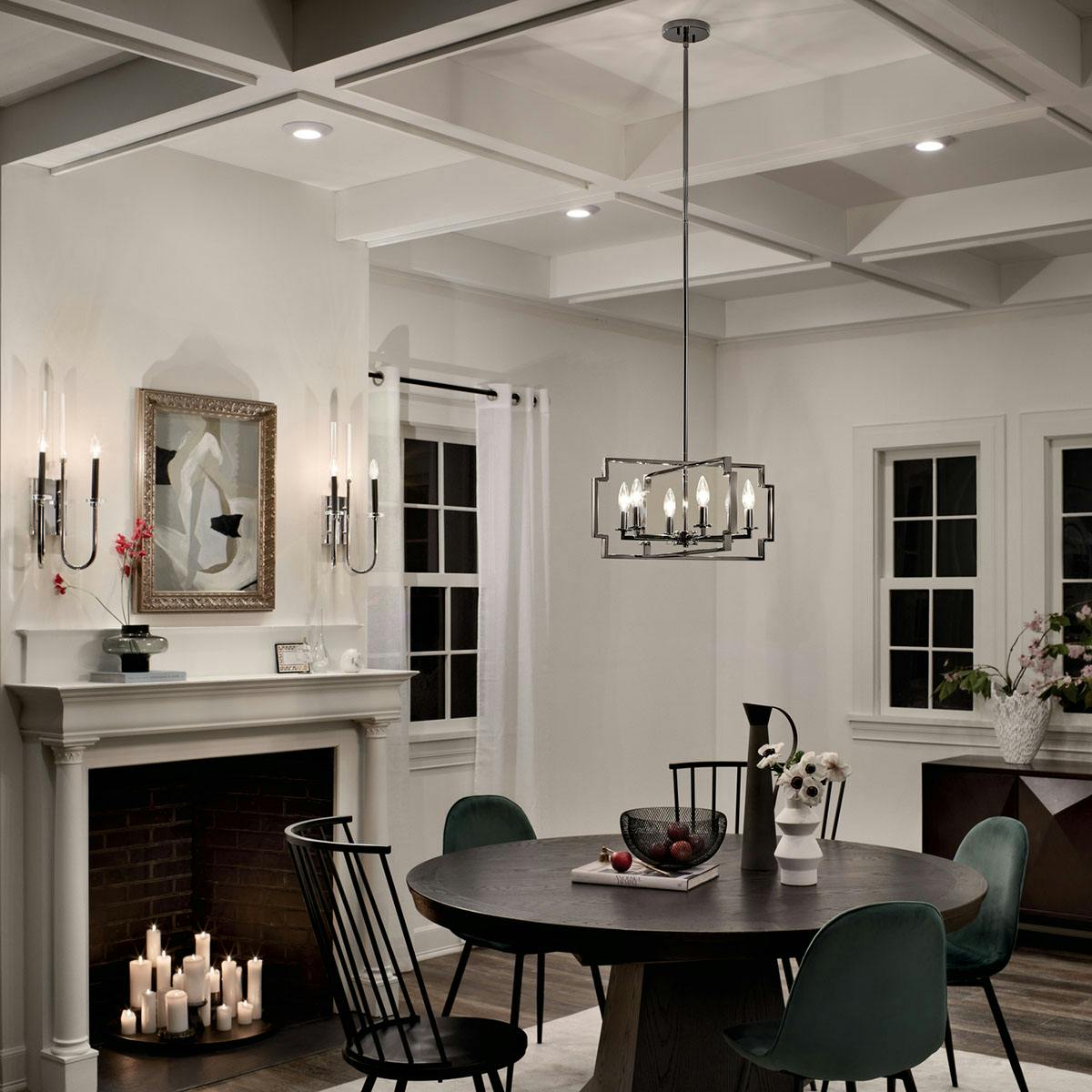 Night time Dining Room with Downtown Deco 21.5" 6 Light Convertible Chandelier Midnight Chrome