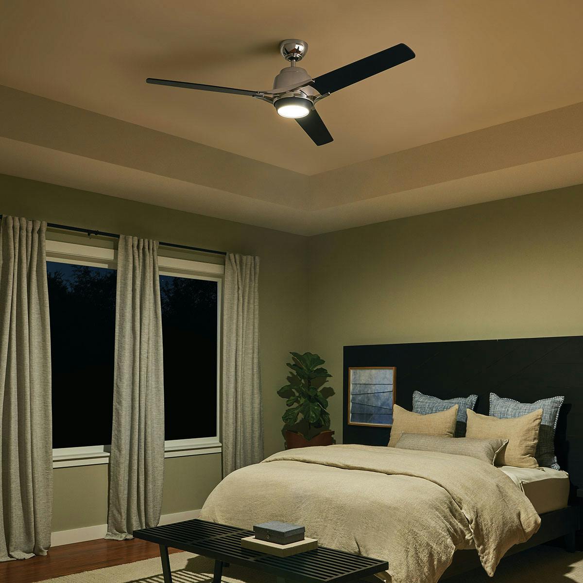 Night time bedroom image featuring Zeus ceiling fan 300060PN