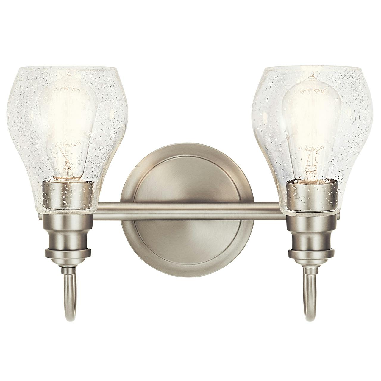 The Greenbrier™ 2 Light Vanity Light Nickel facing up on a white background
