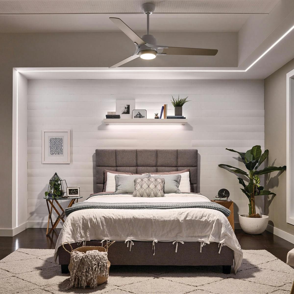 Night time bedroom image featuring Zeus ceiling fan 300060WH