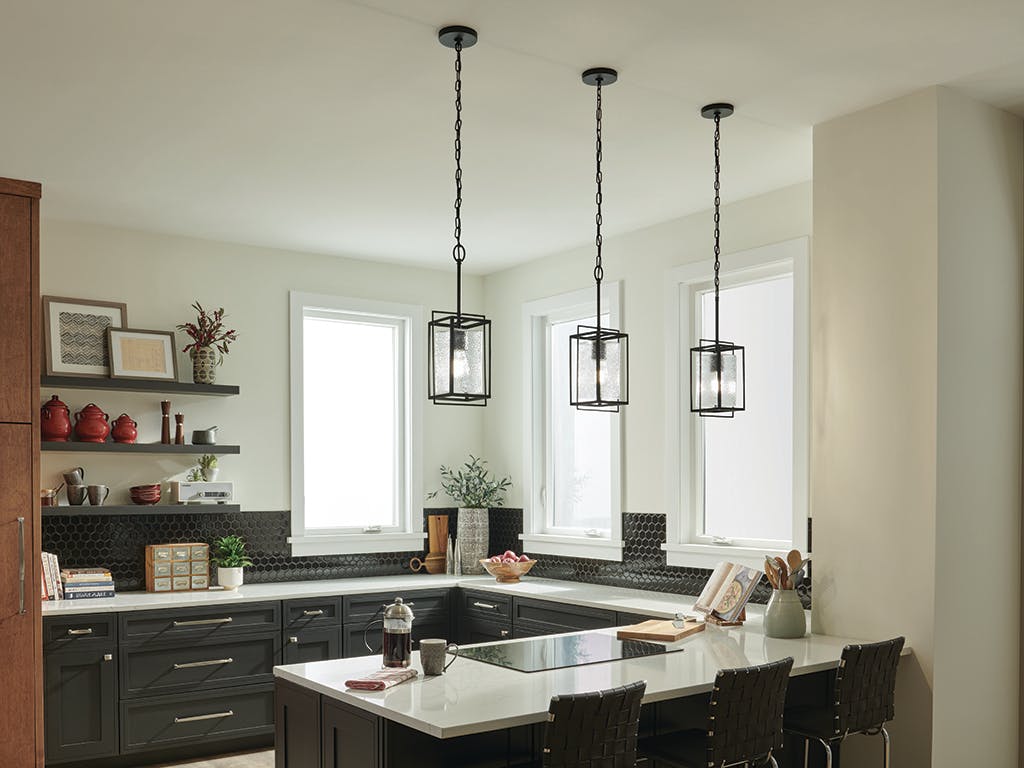 Day time kitchen with Edinborough 1 Light Mini Pendant in Textured Black with Clear Hammered Glass