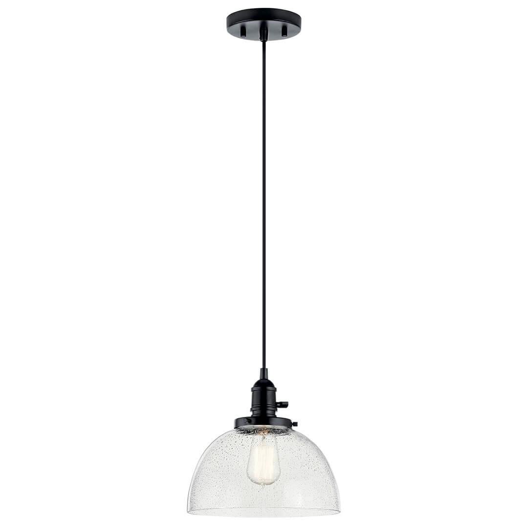 The Avery 9.5 Inch 1 Light Goblet Mini Pendant with Clear Seeded Glass in Black on a white background