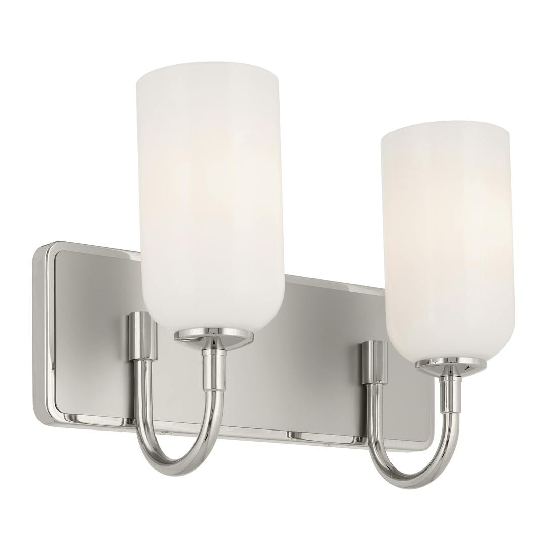 Solia 14.25 Inch 2 Light Vanity with Opal Glass in Polished Nickel with Stain Nickel on a white background
