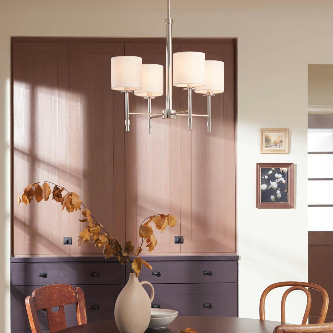 Day time dining room with Ali 20" 4 Light Chandelier Polished Nickel