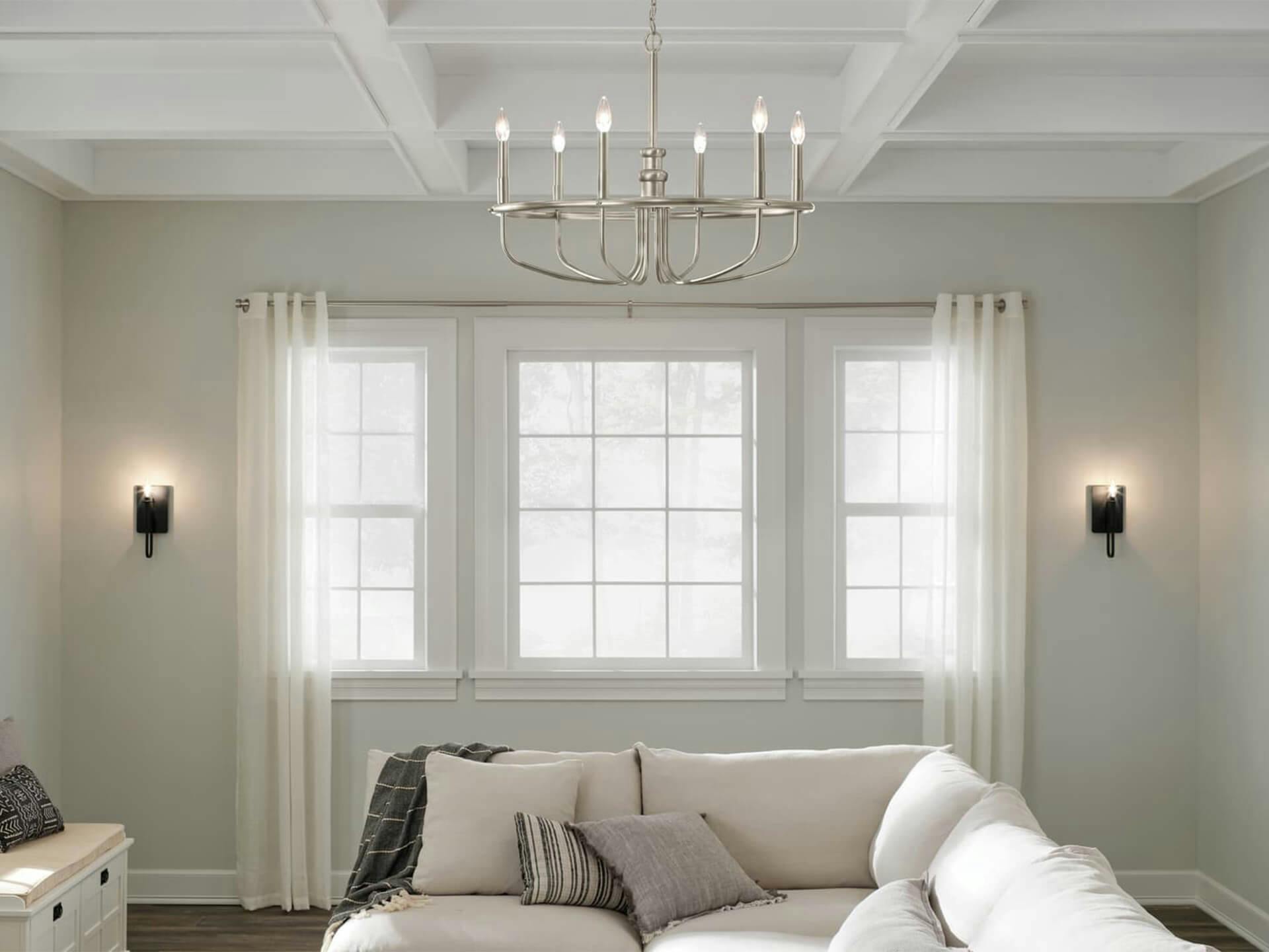 Living room demonstrating a correct height to hang a Capitol Hill chandelier