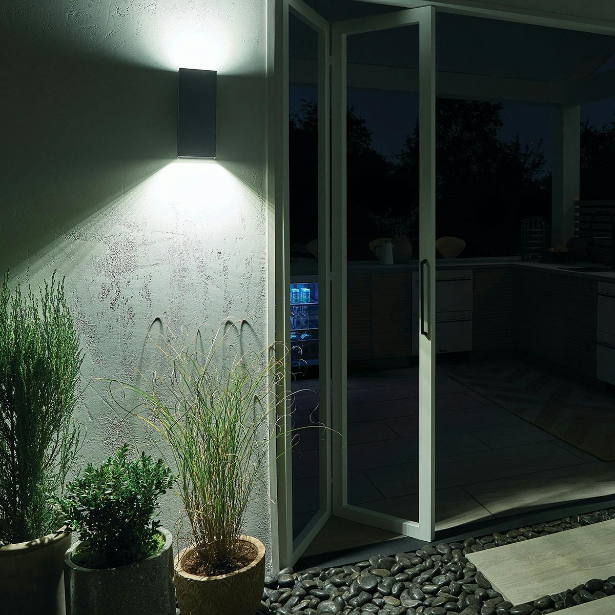 Night time Exterior image featuring Walden outdoor wall light 49551BKTLED
