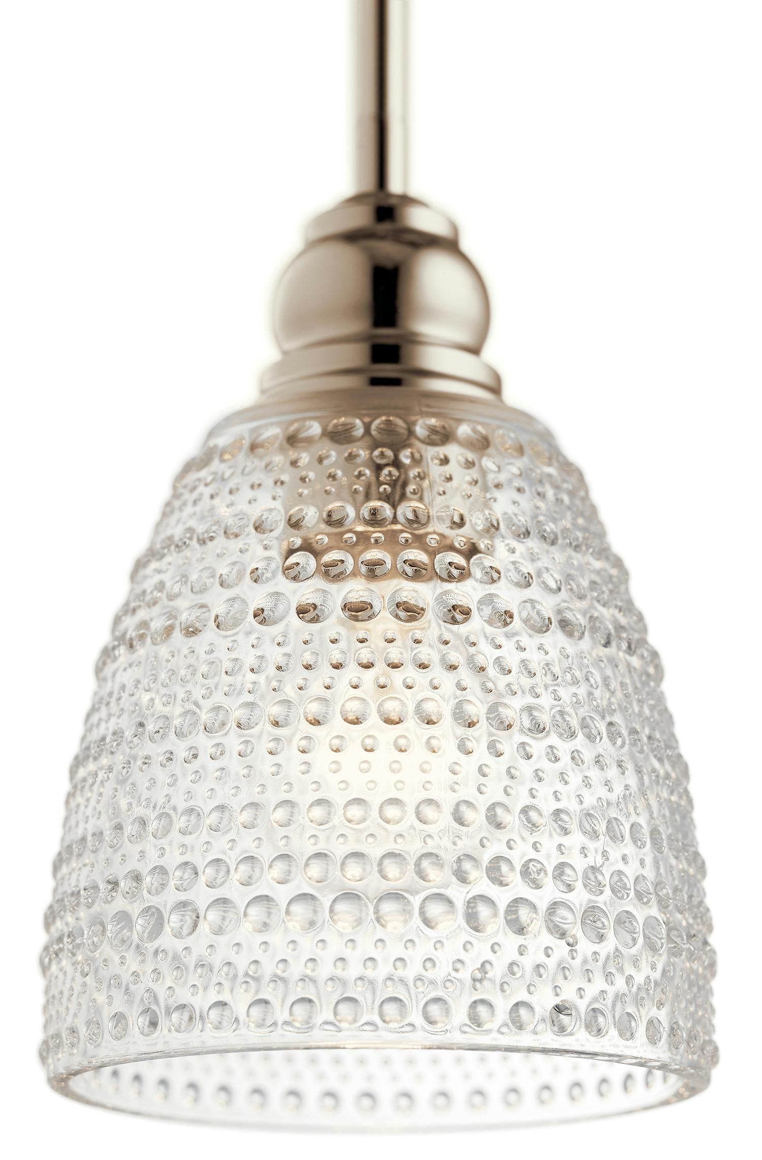 Close up view of the Karmarie 1 Light Mini Pendant Nickel on a white background