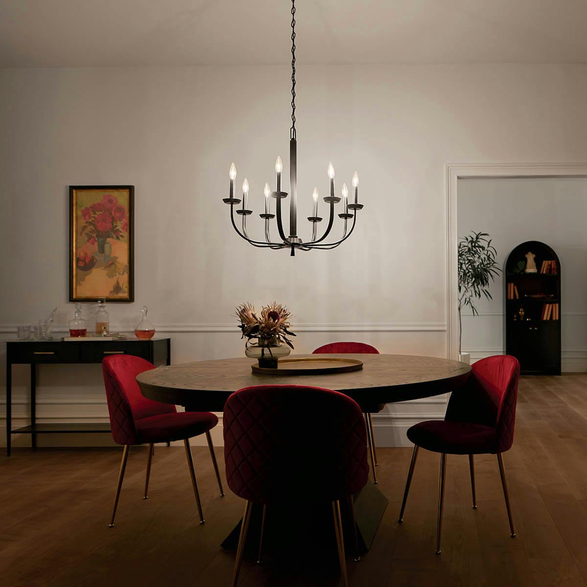 night time dining room with The Kennewick™ 8 Light Chandelier Black