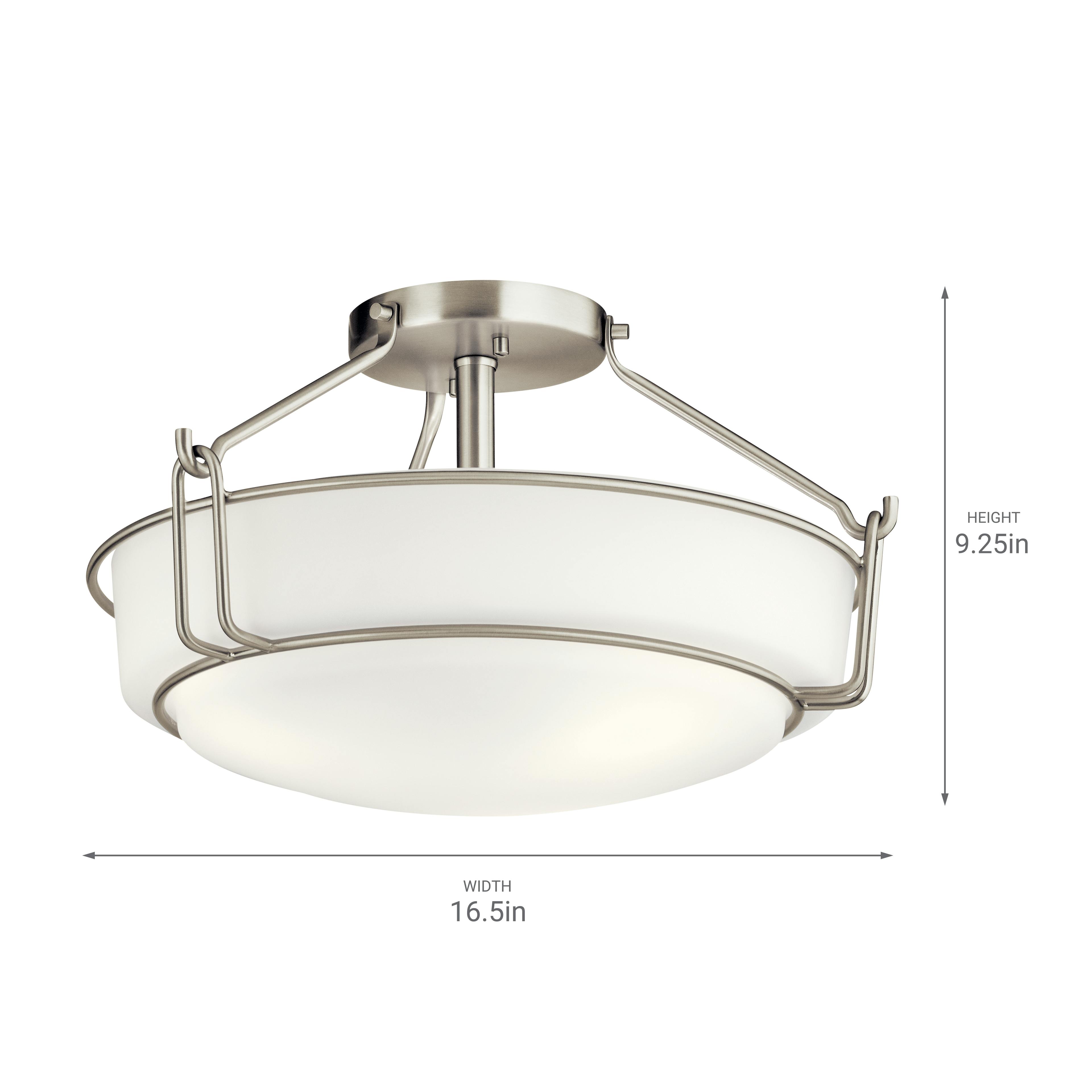 Alkire 3 Light Semi Flush Brushed Nickel on a white backgroud with dimensions