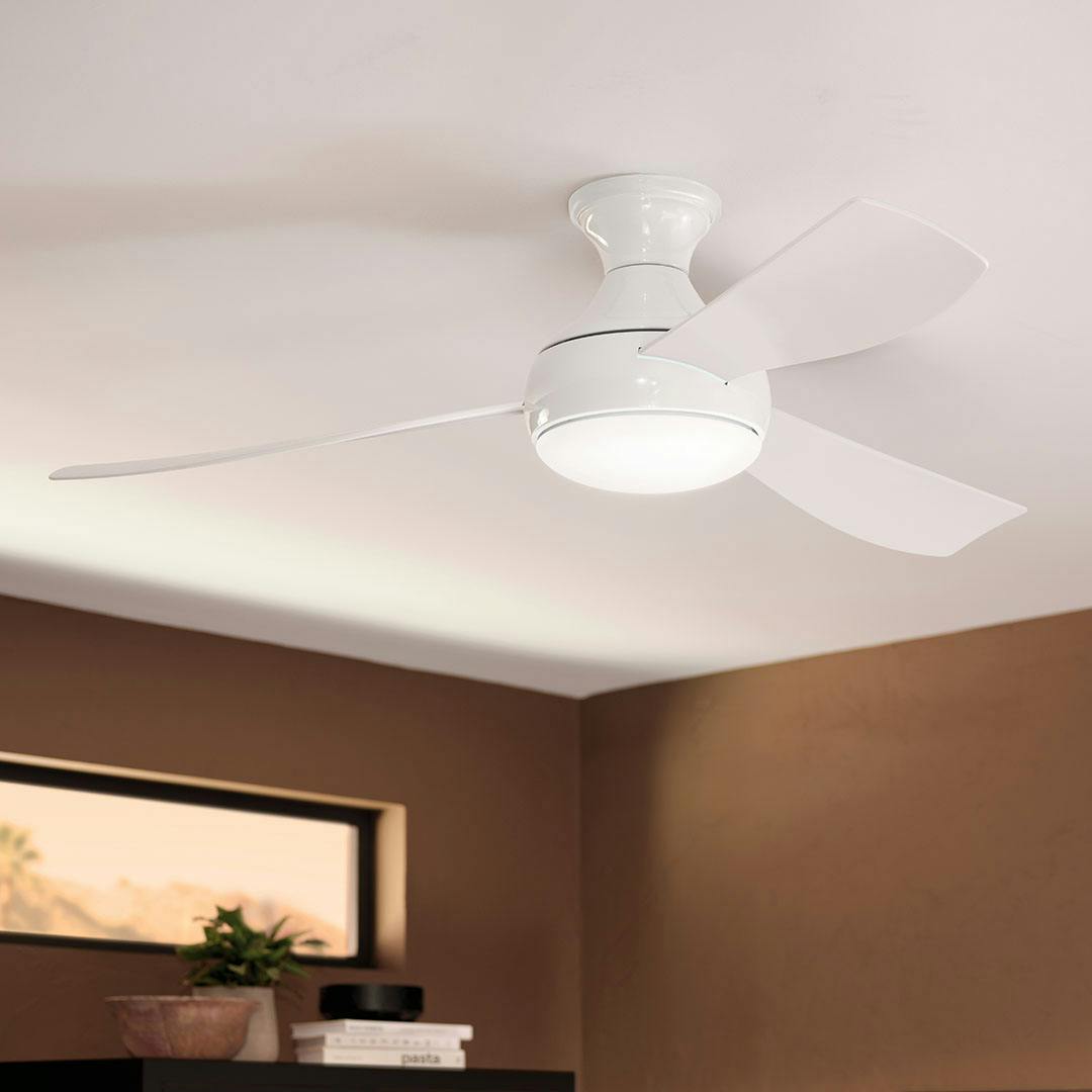 Kitchen in day light with the 54 Inch Ample Ceiling Fan with Satin Etched Cased Opal Glass in White with White Blades