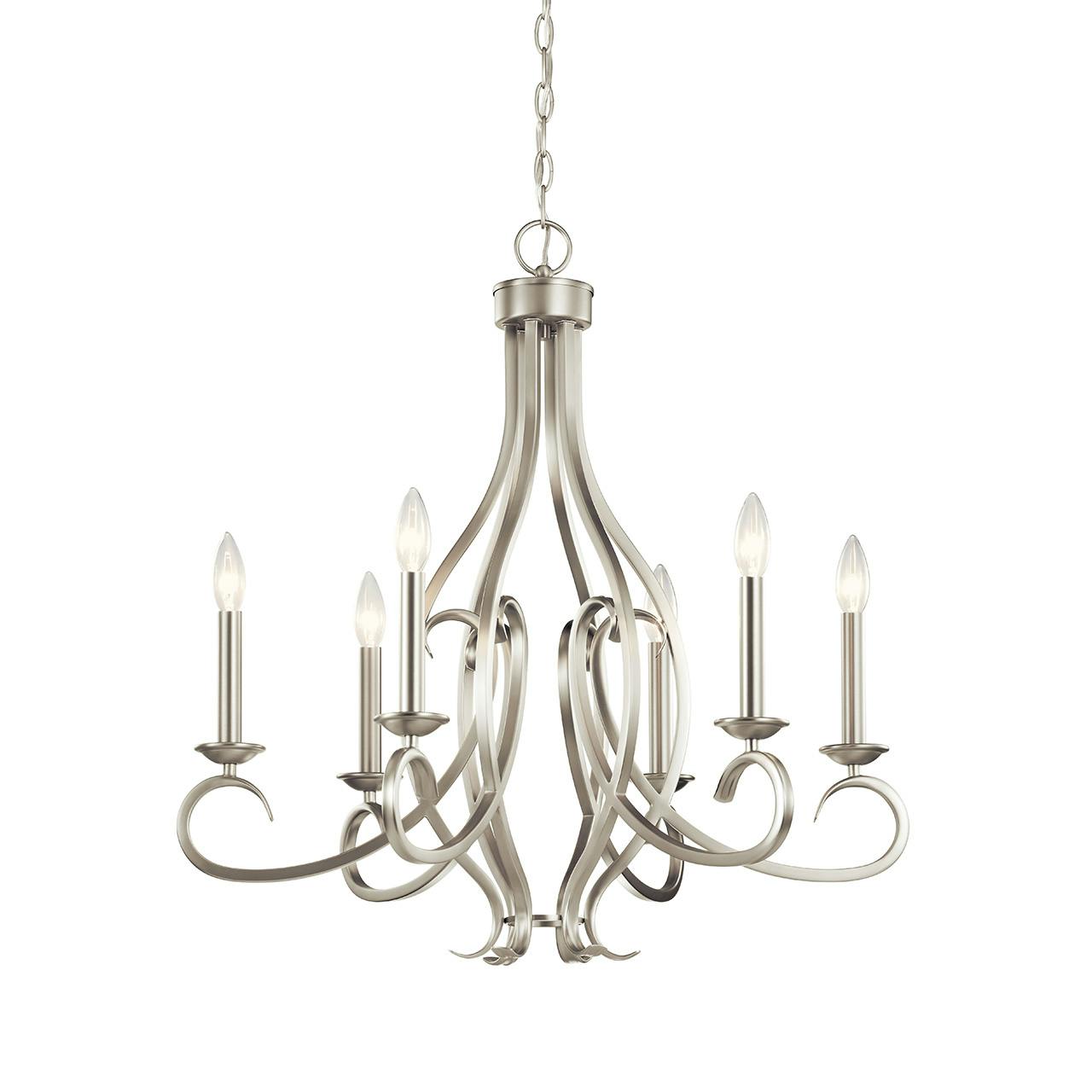 Ania 6 Light Chandelier Brushed Nickel without the canopy on a white background