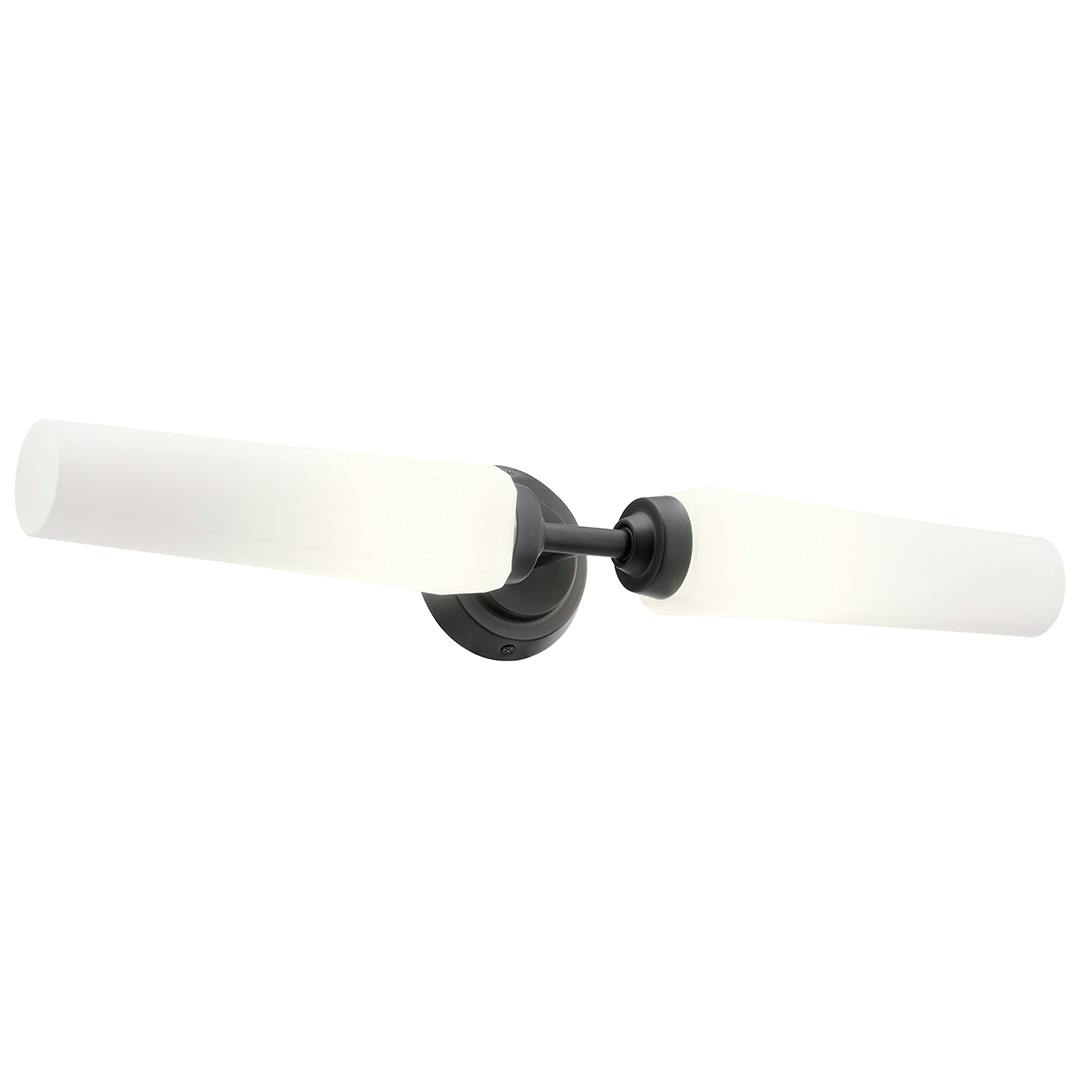 Truby 24.75 Inch 2 Light Vanity Light with Satin Etched Cased Opal Glass in Black on a white background