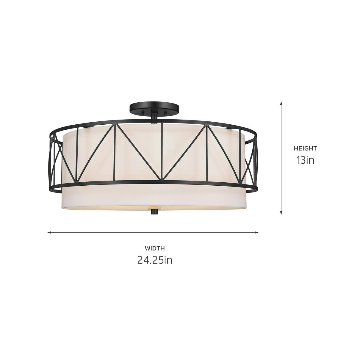 Birkleigh 24" 4 light semi flush with Satin Etched Glass in Black with dimensions also in tech specs