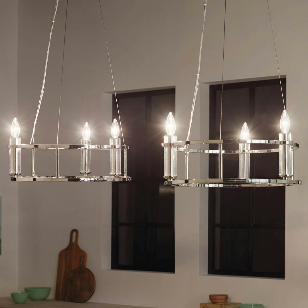 Night time kitchen with Rosalind 19.5" 3 Light Chandelier Polished Nickel