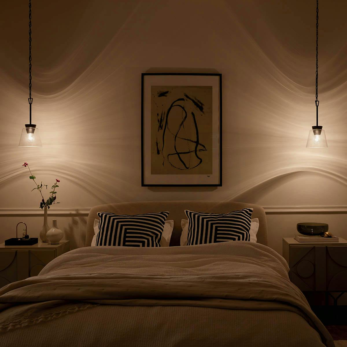 Night time bedroom with Zandi 7.6" 1 Light Mini Pendant Black