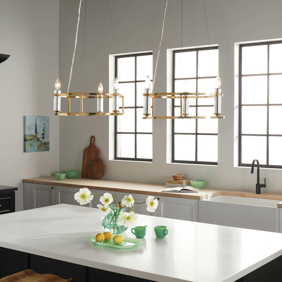 Day time kitchen with Rosalind 19.5" 3 Light Chandelier Brushed Natural Brass