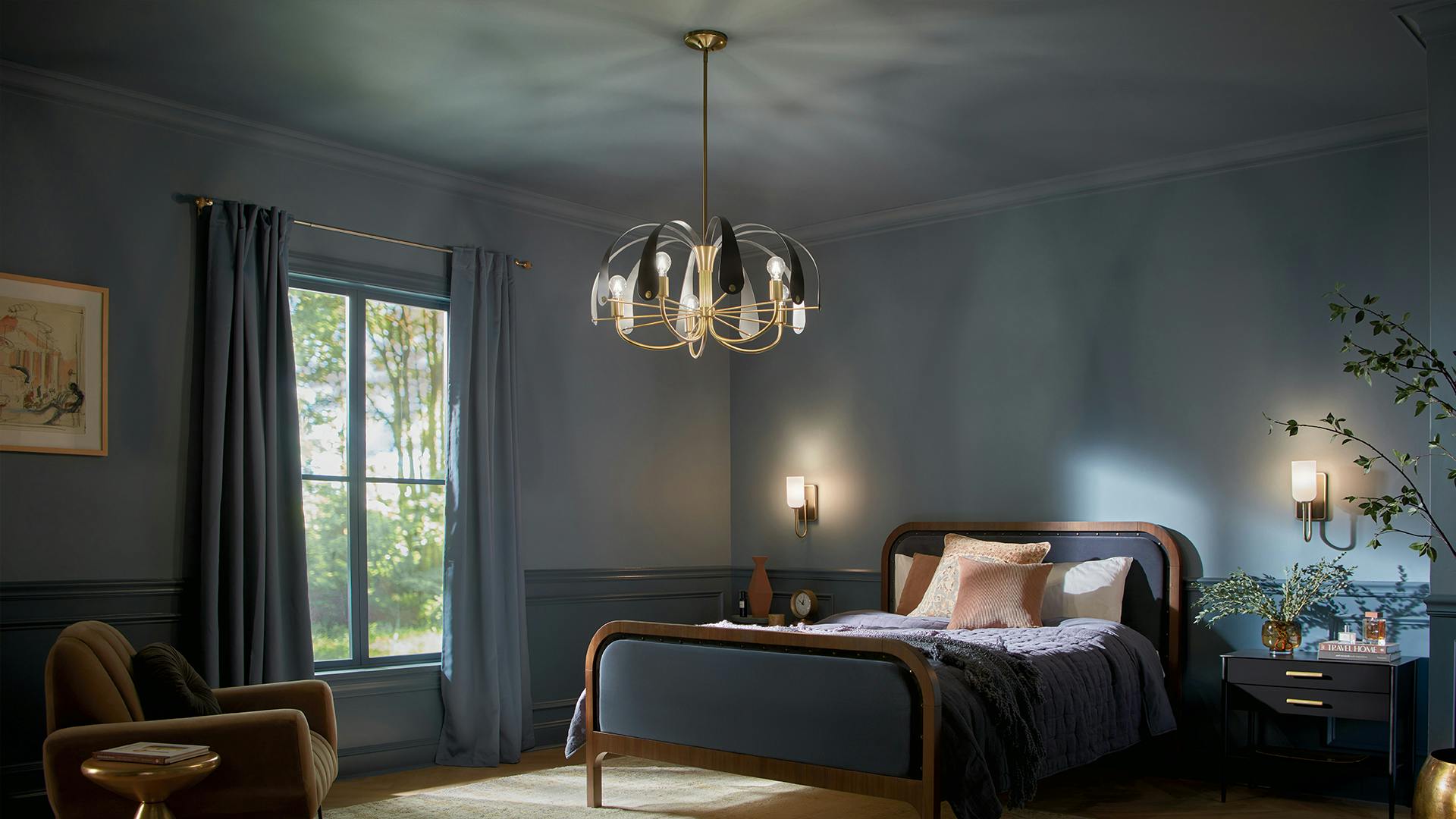 Petal Chandelier hanging over modern bedroom