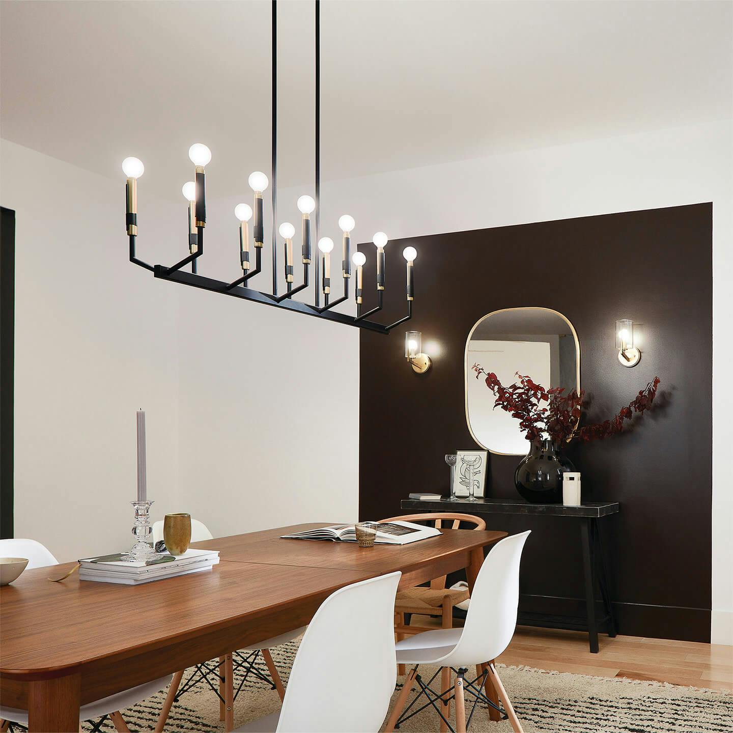 Dining room with Armand chandelier and modern light bulbs