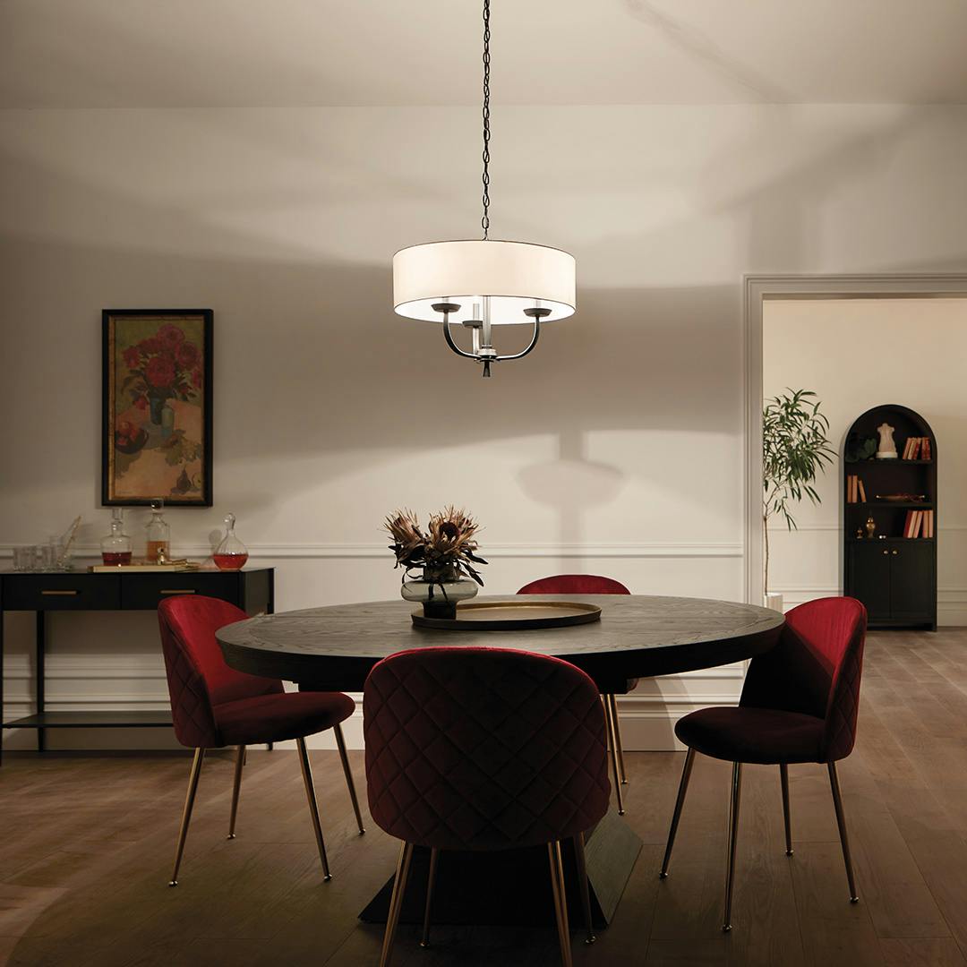 Night time Dining Room with Kennewick 3 Light Chandelier Black