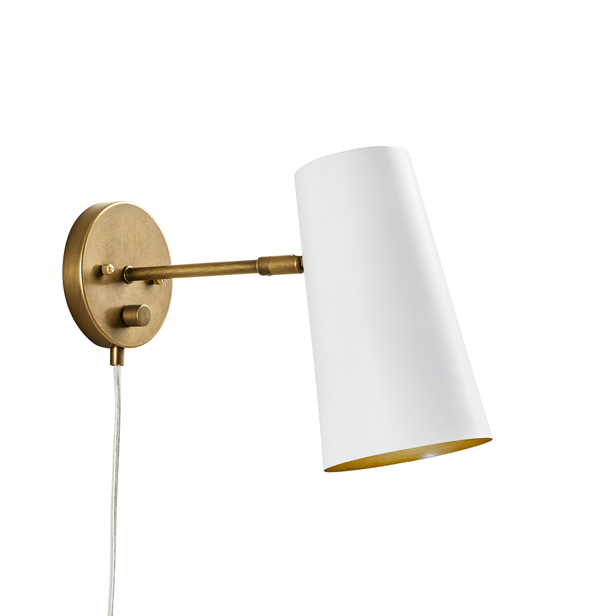 Adjustability options for the Salema 9 Inch 1 Light  Plug-In Wall Sconce in Natural Brass and White