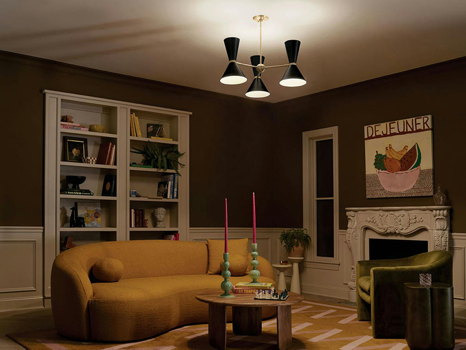 Phix 6 light chandelier Mounted in modern living room  