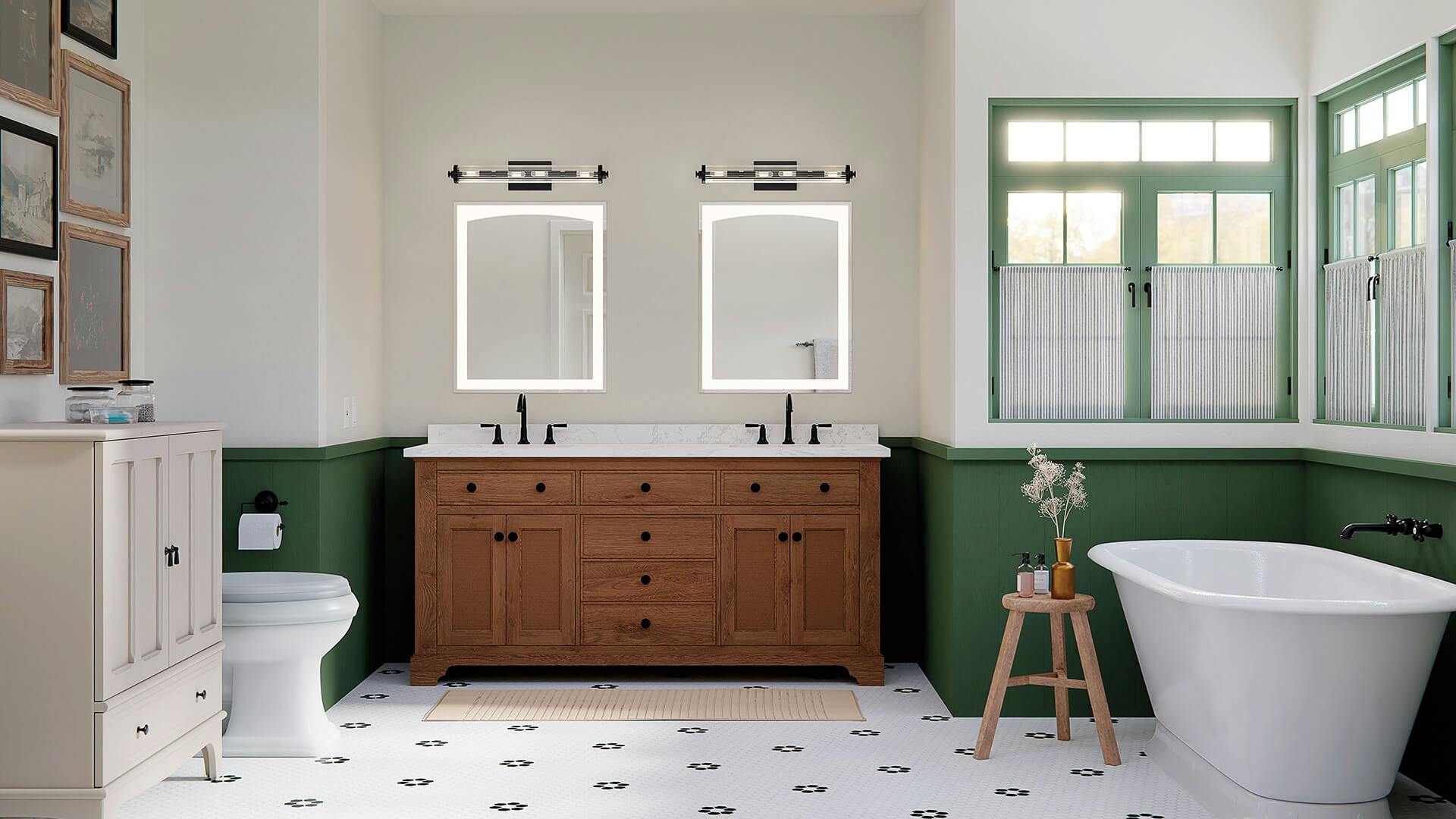 White bathroom with green wainscoting and a natural wood double sink and 2 Azores linear vanity lights in black finish