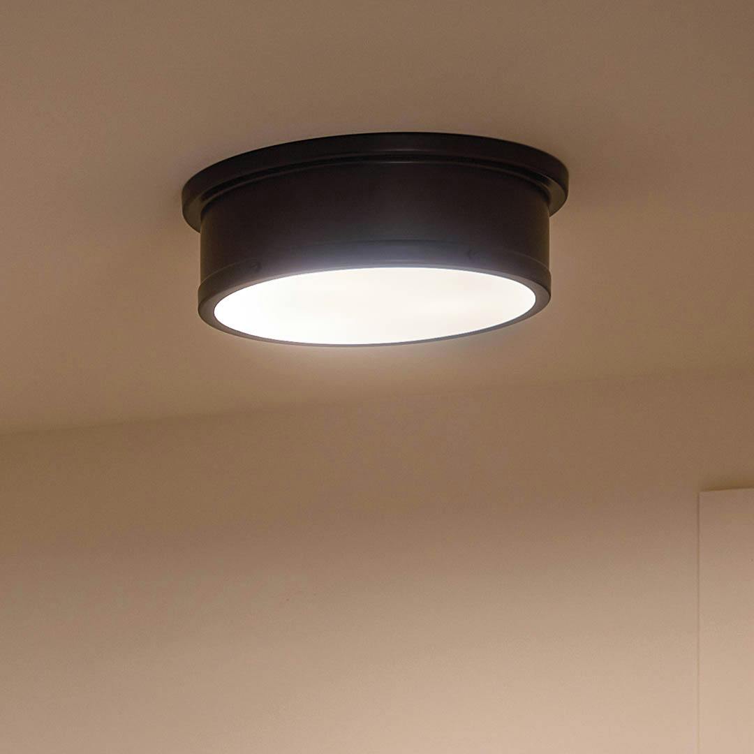 Night time entryway with Serca 18" 3 Light Flush Mount Black