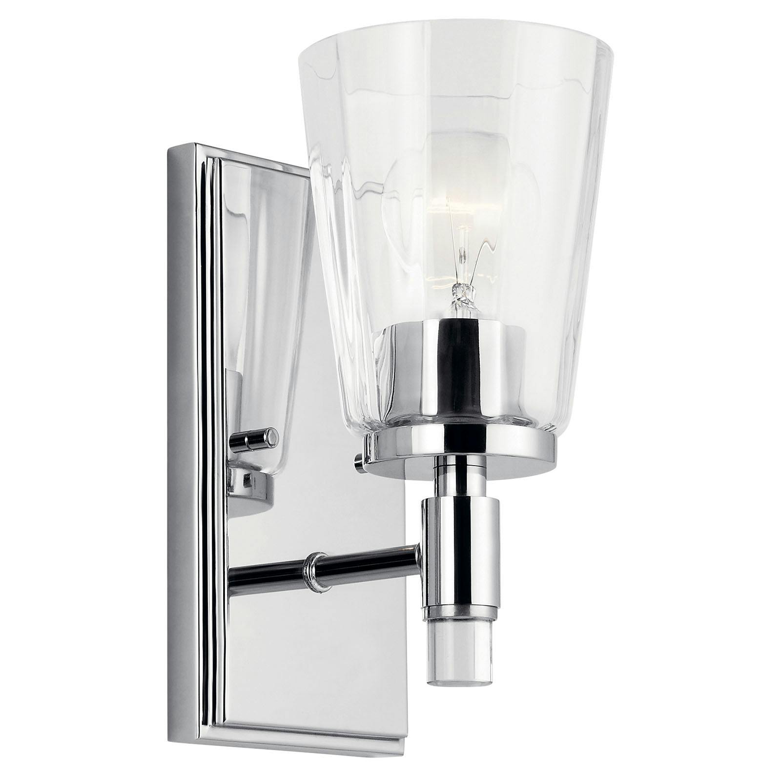 The Audrea™ 1 Light Wall Sconce Chrome facing up on a white background