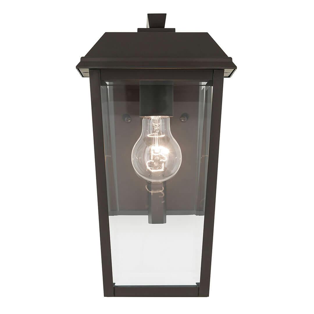 Front view of the Mathus 13" 1 Light Outdoor Wall Light with Clear Glass in Olde Bronze on a white background