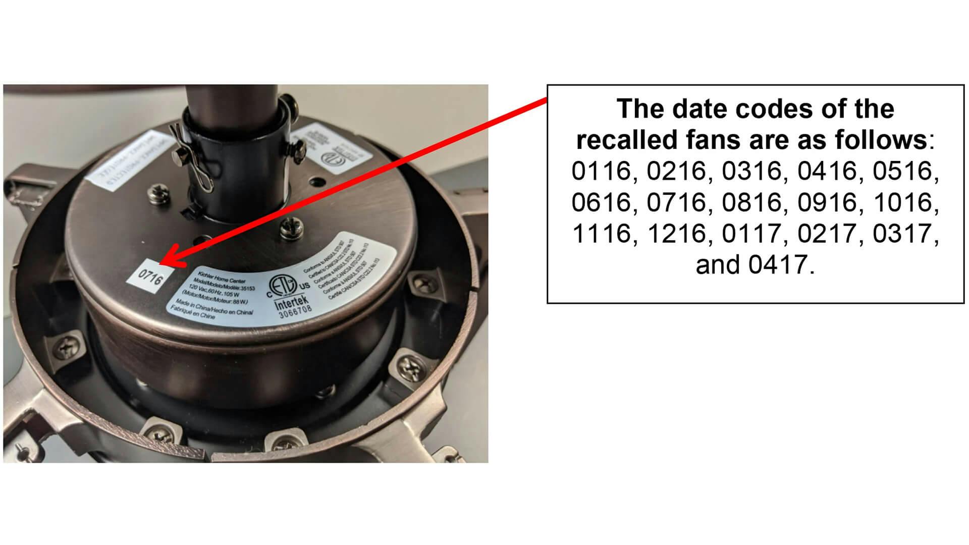 Image that shows the underneath of the 35153 ceiling fan with date codes.