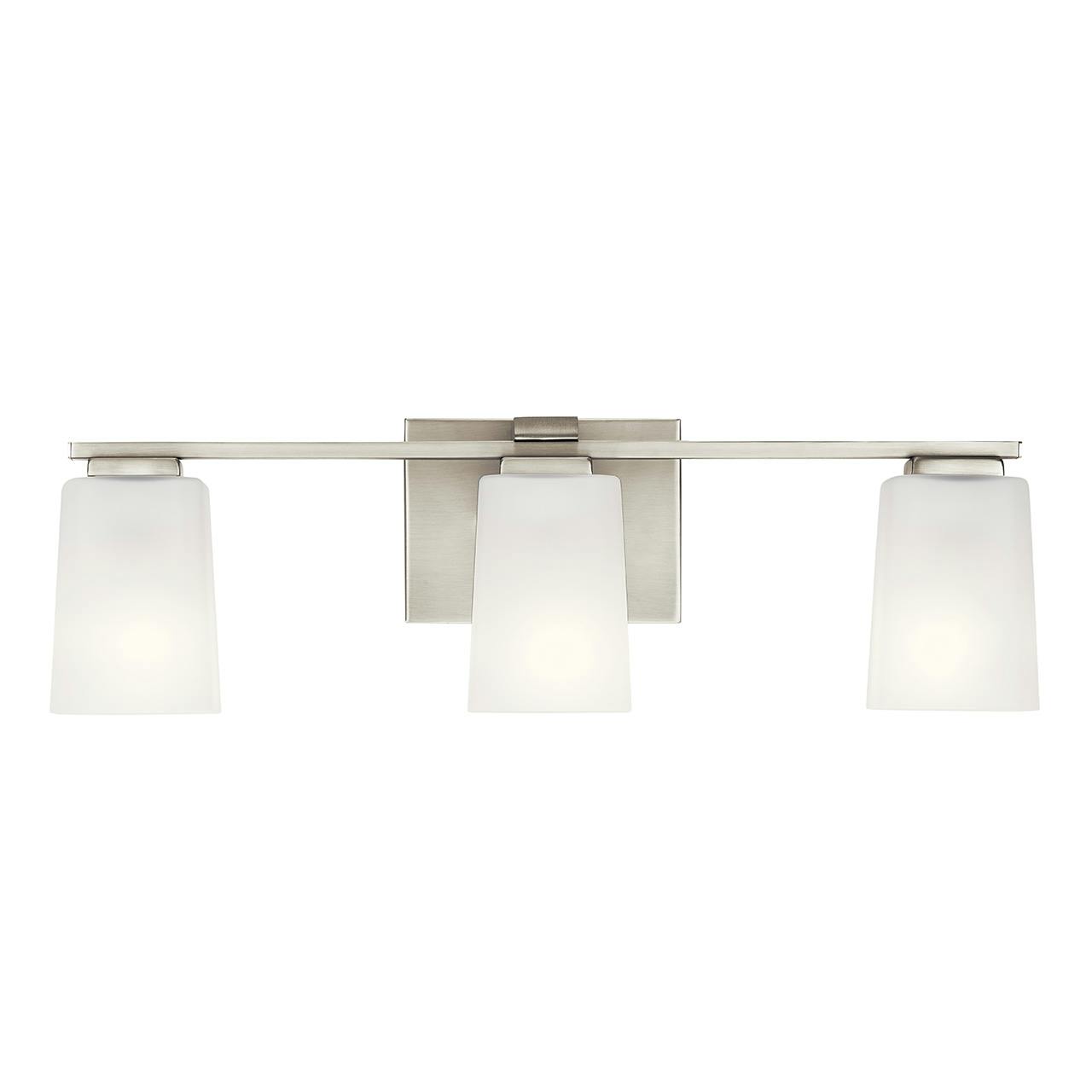 The Roehm 3 Light Vanity Light Brushed Nickel facing down on a white background