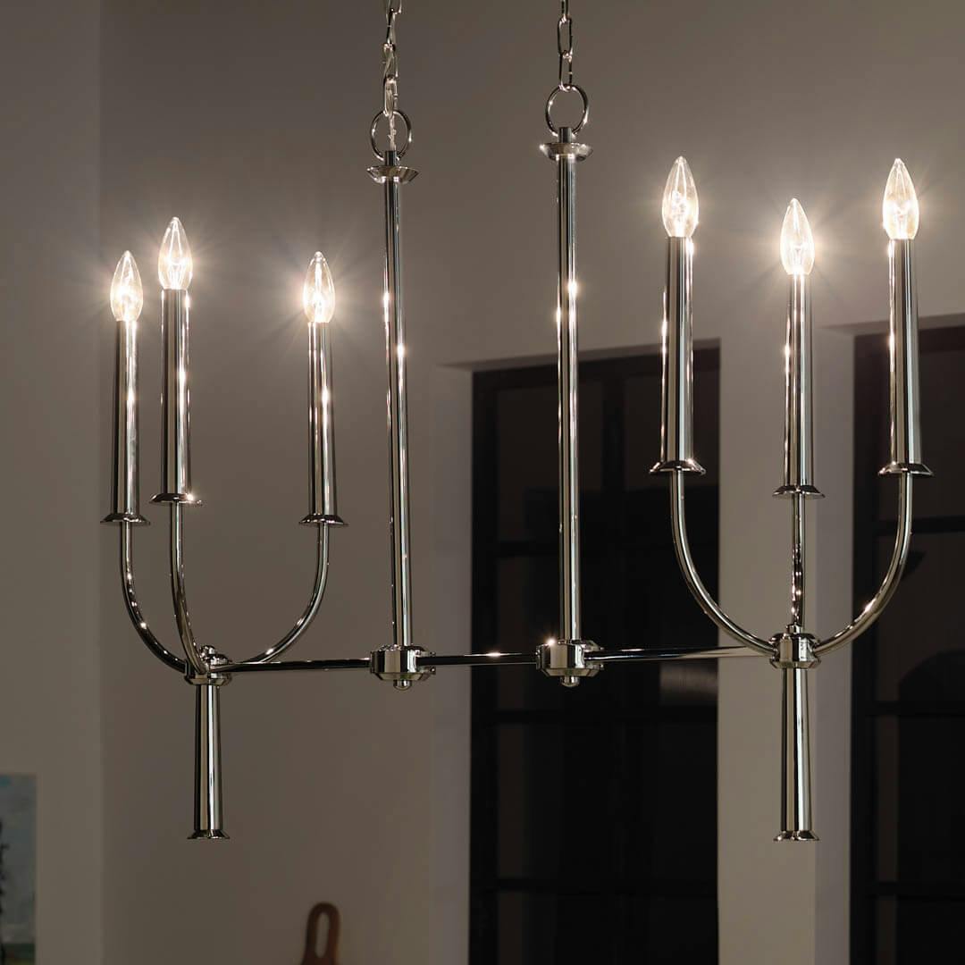 Night time kitchen with Florence 40" 6 Light Linear Chandelier Polished Nickel