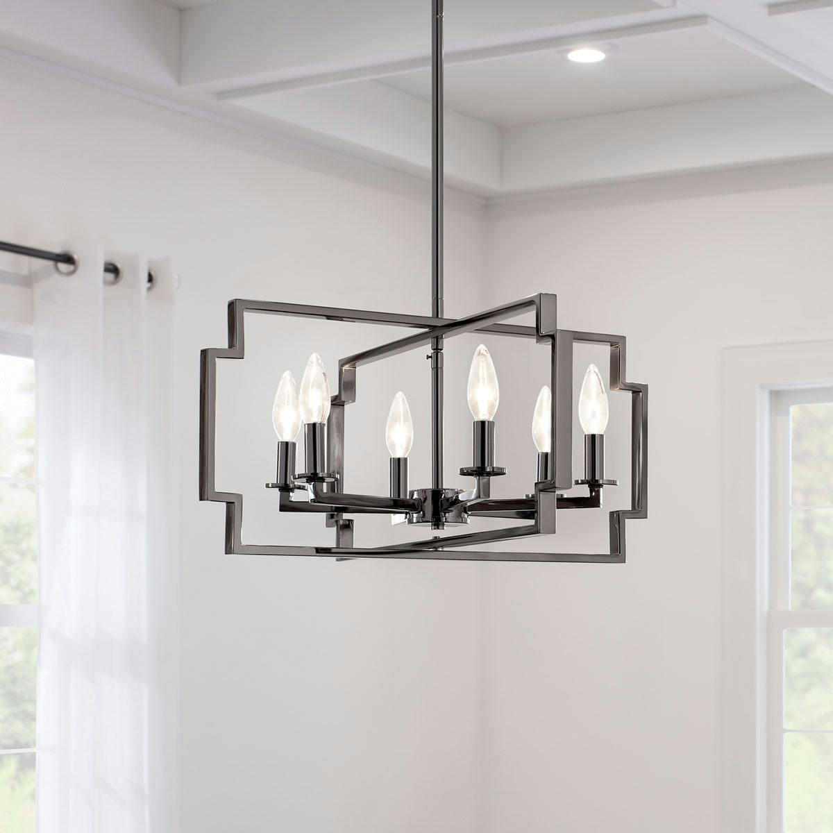 Day time Dining Room with Downtown Deco 21.5" 6 Light Convertible Chandelier Midnight Chrome