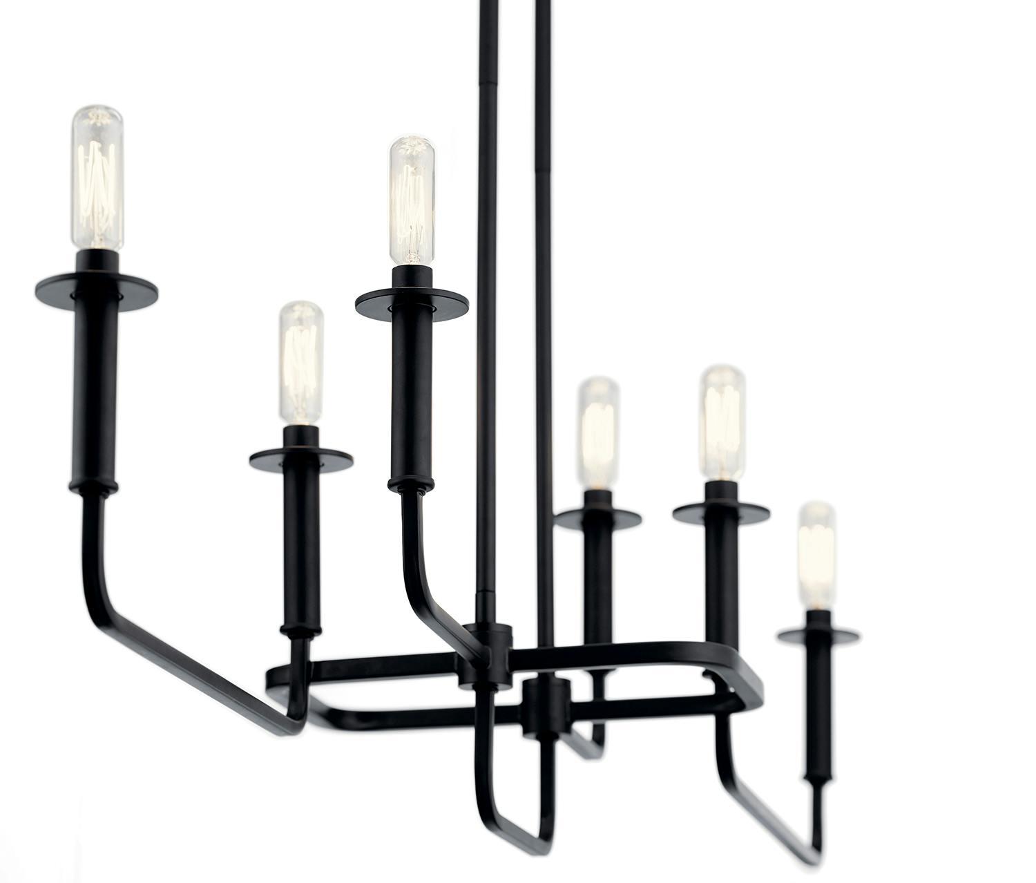 Close up view of the Alden Linear 6 Light Chandelier Black on a white background