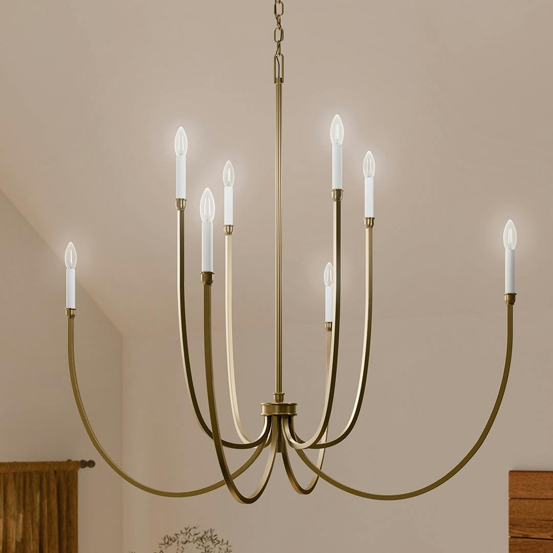 Day time living room featuring the Malene 45.25 Inch 8 Light Foyer Chandelier in Champagne Bronze on a white background
