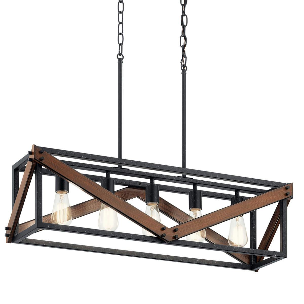 Barrington 32" 5  Light Linear Chandelier Distressed Black and Aged Faux Wood on a white background