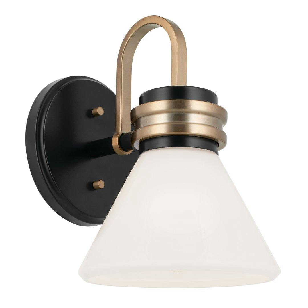 Farum 9.5 Inch 1 Light Wall Sconce with Opal Glass in Black with Champagne Bronze on a white background