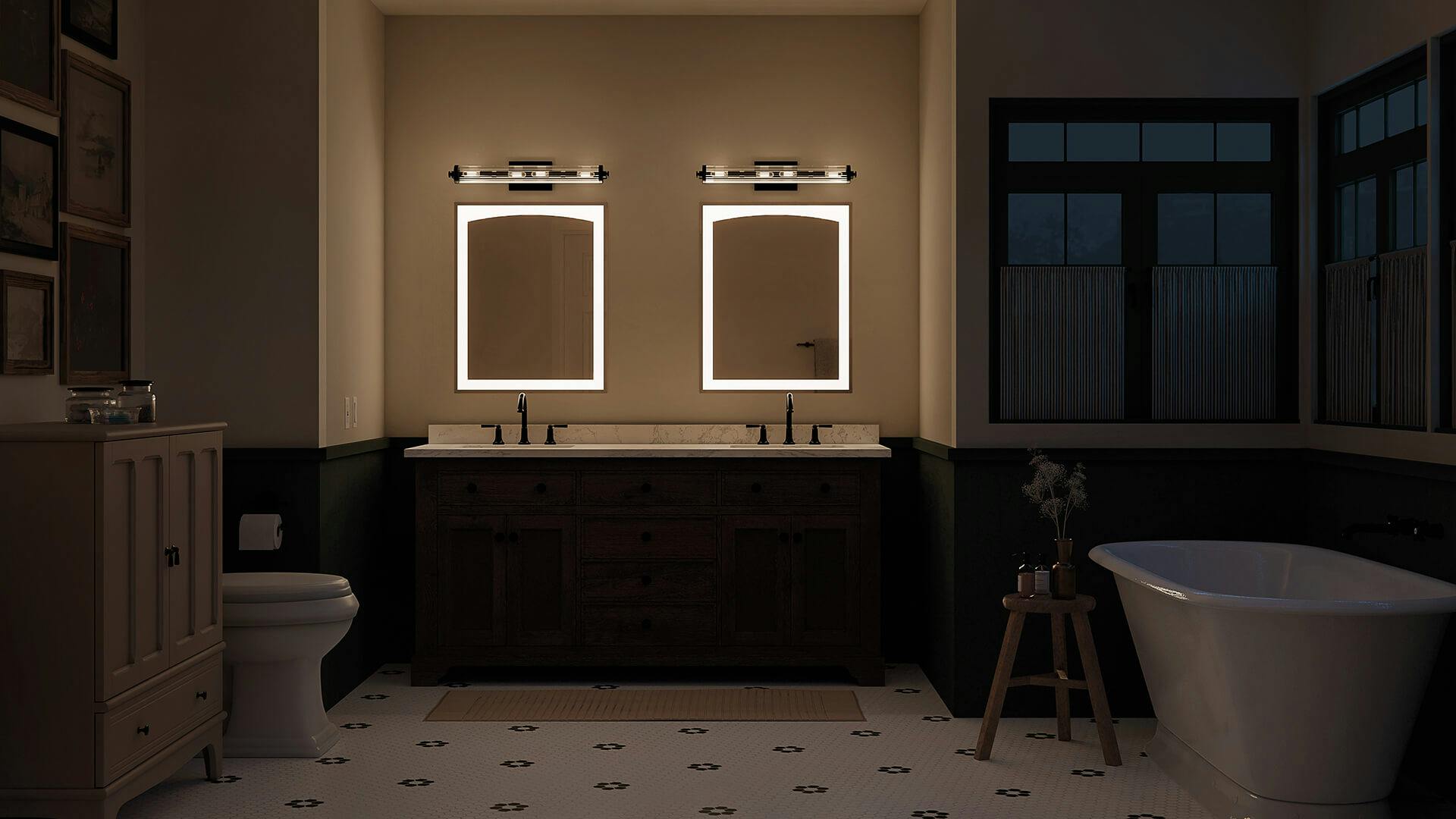 Bathroom at night with double vanity and 2 Azores linear vanity lights in black above the sink