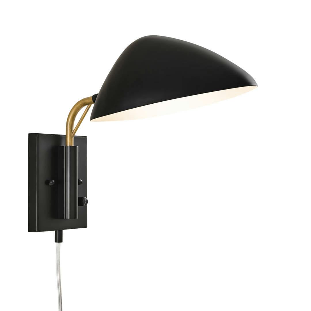 Rico 11.5 Inch 1 Light Plug-In Wall Sconce in Matte Black and Natural Brasson a white background