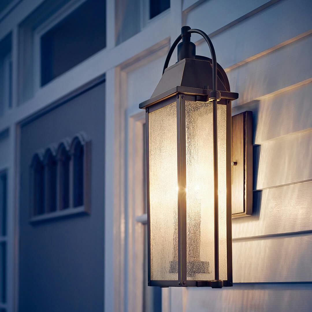Dusk time Exterior image featuring Harbor Row outdoor wall light 49716OZ