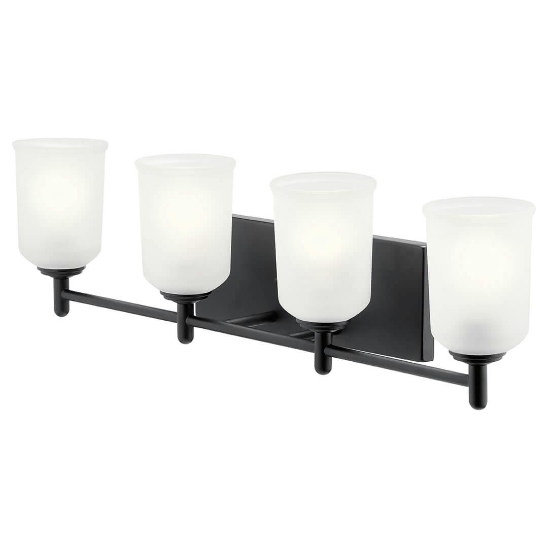Shailene 29.75 inch 4 Light Vanity Light with Satin Etched Glass in Black on a white background