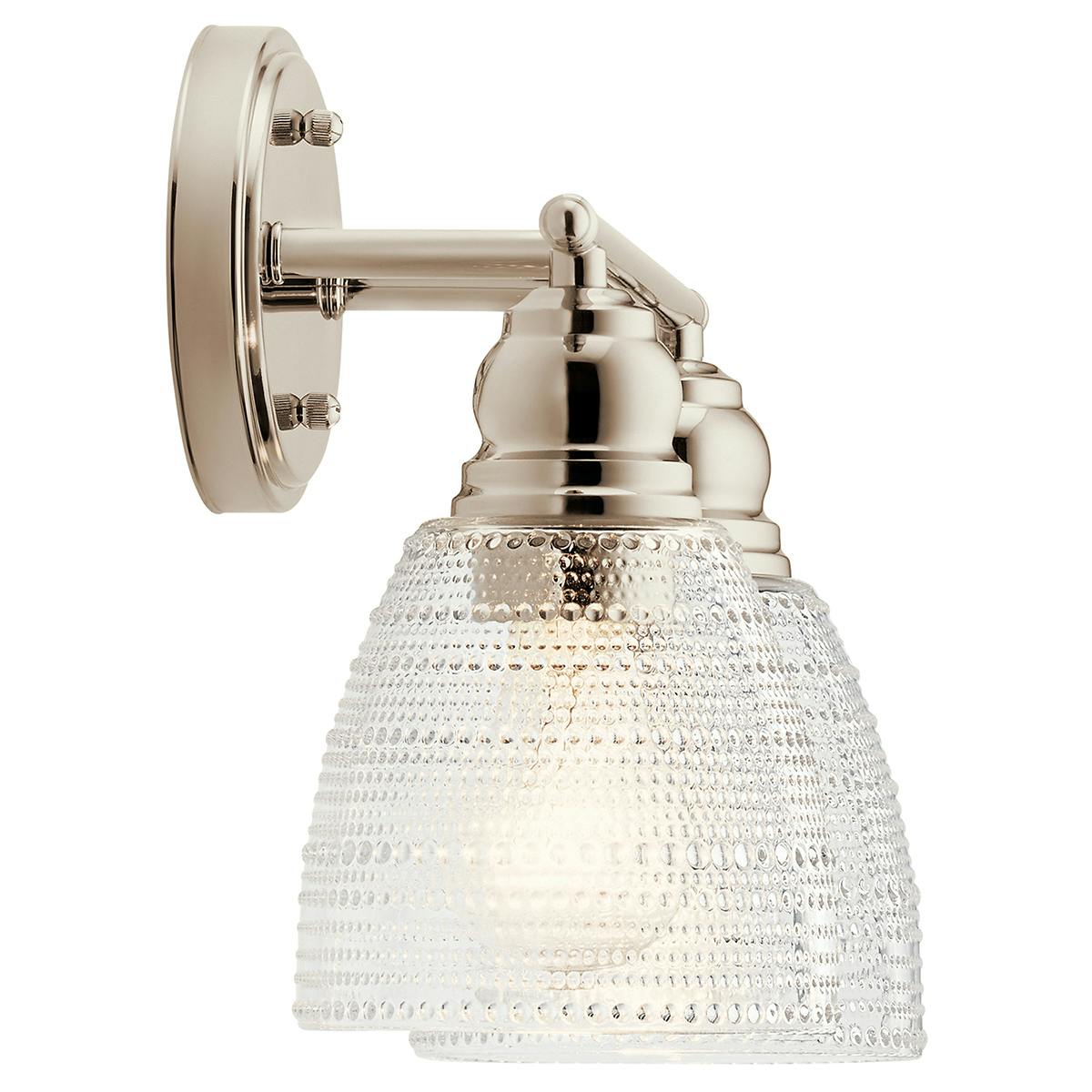 Profile view of the Karmarie 2 Light Vanity Light Nickel on a white background