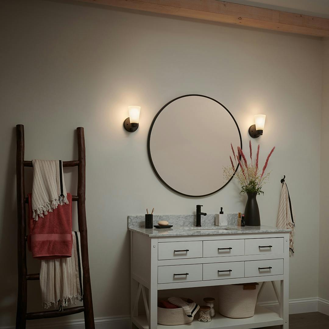 Night time Bathroom with Stamos 4.25" 1 Light Wall Sconce Black