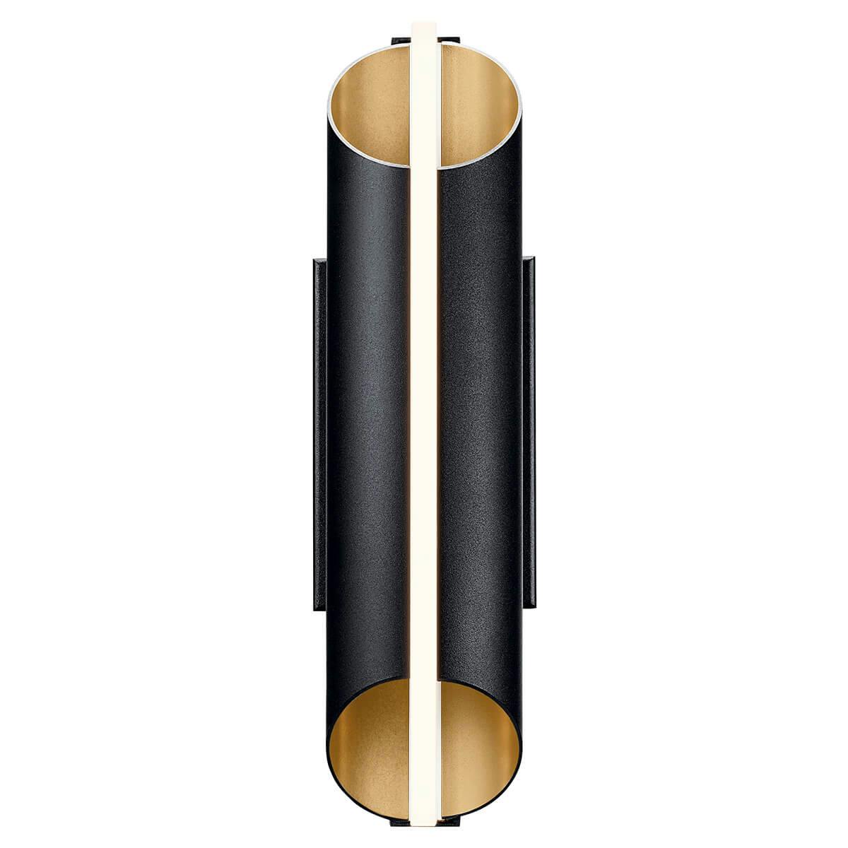 Astalis™ 16" LED Wall Light with Clear Ribbed Glass Textured Black and Burnished Gold on a white background