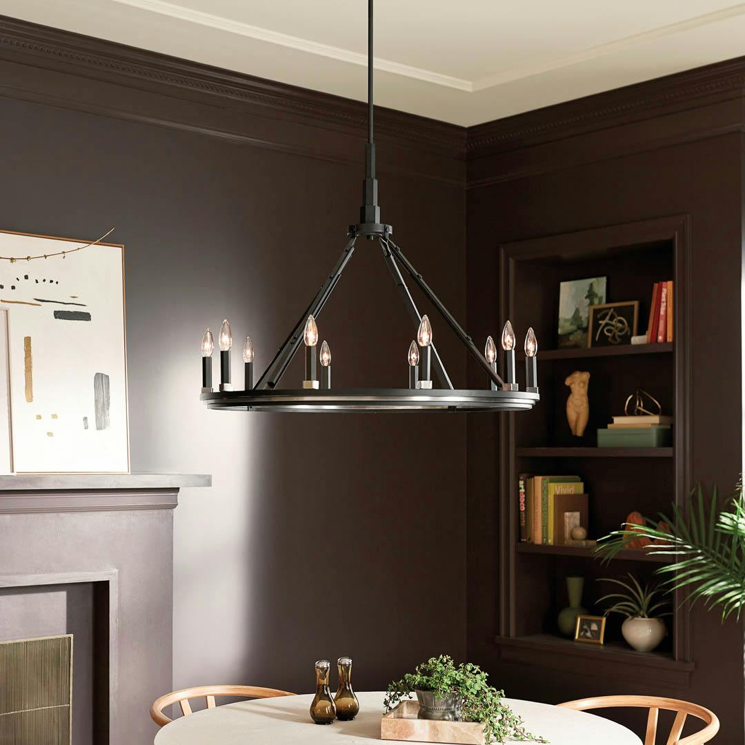 Day time dining room with Emmala™ 27.50" 10 Light Chandelier in Brushed Nickel and Black