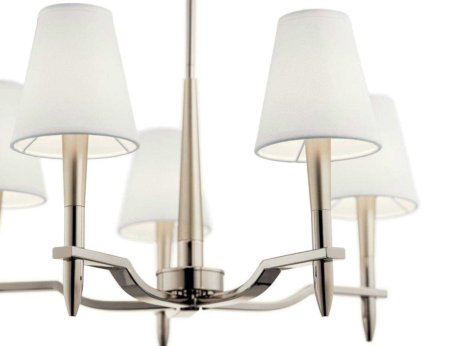 Close up view of the Kinsey 5 Light Chandelier Polished Nickel on a white background