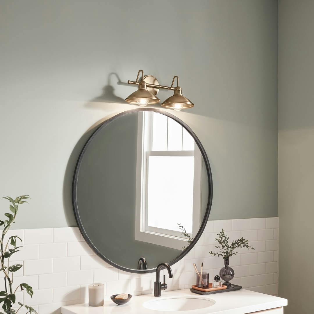Day time bathroom with Clyde 2 Light Vanity Light Champagne Bronze