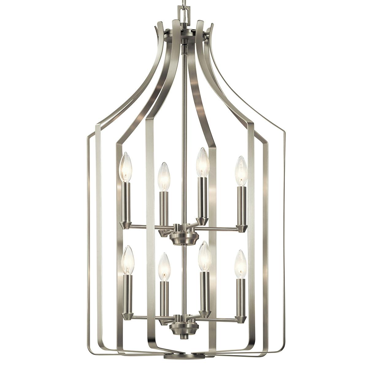 Close up view of the Morrigan 8 Light Foyer Chandelier Nickel on a white background